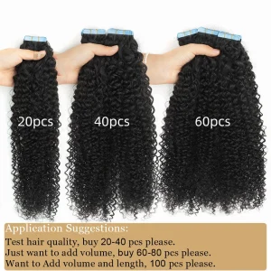 Extensões de cabelo Natural Extensões de Cabelo Humano Preto Afro Cacheado com Fita – 20 Peças para Mulheres e Salão de Beleza | Loja dos Cabelos