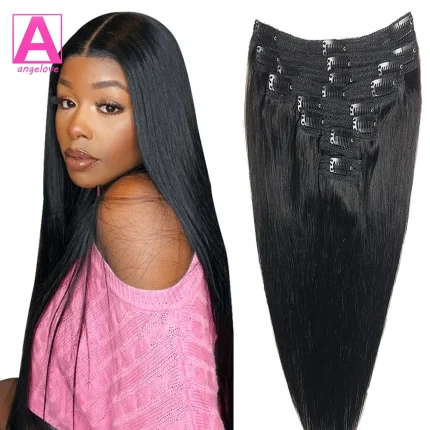 Extensões de cabelo Natural Extensões de Cabelo Humano Preto Natural Liso com Clipes – 100% Human Hair, Trama Dupla com 18 Clipes para Mulheres | Loja dos Cabelos