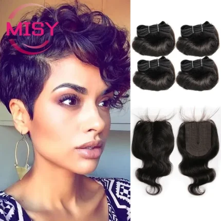 Extensões de cabelo Natural Pacotes de Cabelo Humano Cacheado Curto com Fechamento T-Part 4×1 Natural Brasileiro Não Remy | Loja dos Cabelos