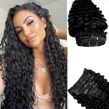 Extensões de cabelo Natural Extensões de Cabelo Humano Encaracolado com Presilha – Onda Profunda, 8 Peças, 120g, Cutícula Alinhada, Pontas Grossas | Loja dos Cabelos