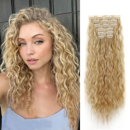 Extensões de cabelo Sintético Extensões de Cabelo Sintético com Presilha Ondas de Sereia Loiro e Castanho – Kit com 6 Peças | Loja dos Cabelos