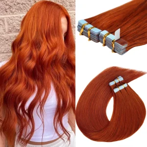 Extensões de cabelo Natural Extensões de Cabelo Humano Remy Doreen Tape-in, Sem Costura, Cor Vermelho Gengibre, 16 a 24 polegadas, 50g | Loja dos Cabelos