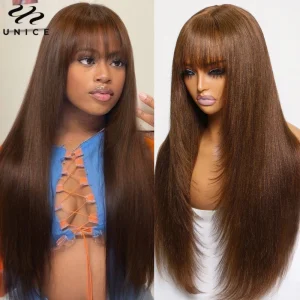 Perucas Peruca de Cabelo Humano Unice Yaki Reto Marrom #4 com Franja em Camadas, Corte Médio, Frente de Renda 4×2, 150% de Densidade | Loja dos Cabelos