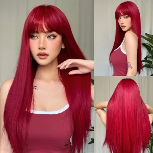 Perucas Peruca Sintética Longa Vermelho Vinho com Franja – Cabelo Reto Natural, Resistente ao Calor para Mulheres, Cosplay e Festa | Loja dos Cabelos