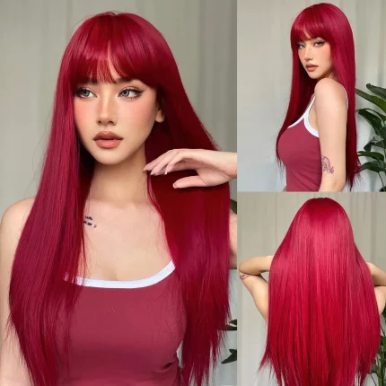 Perucas Peruca Sintética Longa Vermelho Vinho com Franja – Cabelo Reto Natural, Resistente ao Calor para Mulheres, Cosplay e Festa | Loja dos Cabelos