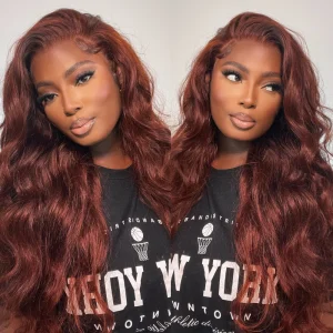 Perucas Peruca Frontal de Renda Unice 13×4, Cabelo Humano Pré-Arrancado, Marrom Avermelhado, Onda do Corpo, Longa 30 Polegadas, Versátil para Qualquer Parte | Loja dos Cabelos