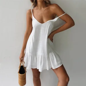 Vestidos de Cerimónia Vestido Feminino Verde de Verão 2025 – Mini Vestido Tomara que Caia Plissado com Alças Finas em Algodão e Linho | Loja dos Cabelos