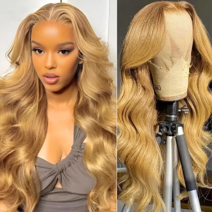 Perucas Peruca Sintética Loira Mel 28 Polegadas – Lace Front HD Transparente Onda do Corpo 13×4 13×6 Pré-Arrancada | Loja dos Cabelos