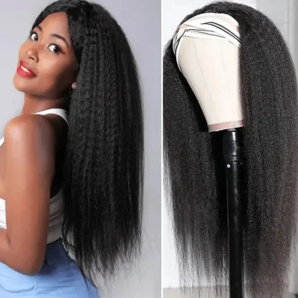 Perucas Peruca Reta Kinky com Bandana para Mulheres – Cabelo Humano Yaki, Fácil de Estilizar, Sem Renda Frontal | Loja dos Cabelos