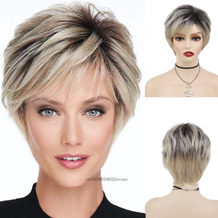 Perucas Peruca Sintética Curta Pixie Ombre Loiro com Franja – Corte Moderno para Mulheres e Senhoras | Loja dos Cabelos