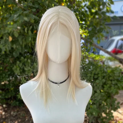 Perucas Peruca Lace Front Sintética Loira Clara Médio Ombro 13×4 Sem Cola – Parte Central, Densidade Natural 150% para Mulheres | Loja dos Cabelos