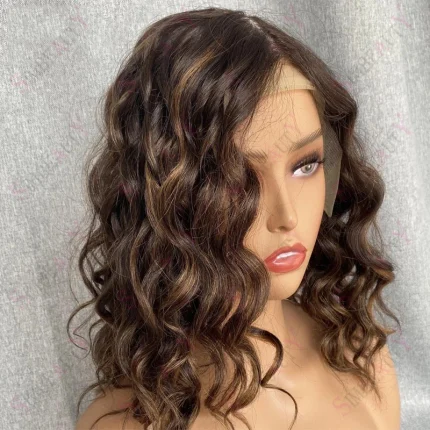 Perucas Peruca Curta de Cabelo Humano Marrom com Mechas Loiro Mel, Onda Profunda, Frontal 13×4 ou 13×6, Remy 360 Brasileira | Loja dos Cabelos