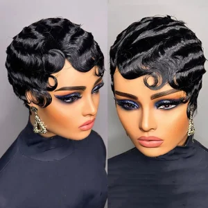 Perucas Peruca Curta Pixie de Cabelo Humano 100%, Onda de Dedo Preta em Camadas, Sem Cola, Estilo Moderno para Mulheres | Loja dos Cabelos