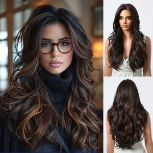 Perucas Peruca Sintética Longa Ondulada Castanho com Mechas – Cabelo Natural Resistente ao Calor para Mulheres, Uso Diário e Parte Média | Loja dos Cabelos