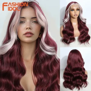 Perucas Peruca Sintética Feminina 22 Polegadas Onda do Corpo Ombre Marrom, Loiro, Vinho, Branco e Vermelho com Frente de Renda para Moda e Cosplay | Loja dos Cabelos