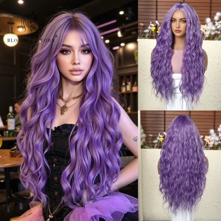 Perucas Peruca Sintética Longa Ondulada com Franja Loira e Roxa, Cabelo Encaracolado Resistente ao Calor para Mulher, Cosplay e Halloween | Loja dos Cabelos