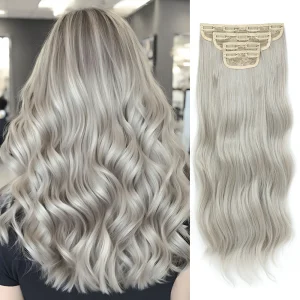 Extensões de cabelo Sintético Extensões de Cabelo Sintético Ondulado Cinza Prateado 22 Polegadas com Clipes – 4 Peças para Uso Diário ou Festa | Loja dos Cabelos