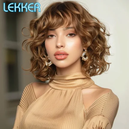 Perucas Peruca Bob Curta Ombre Loira de Cabelo Humano Remy com Franja e Ondas Soltas | Loja dos Cabelos