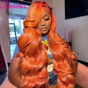 Perucas Peruca de Cabelo Humano Liso Ondulado 36 Polegadas Laranja Gengibre com Lace Frontal Transparente 13×4 ou 13×6 Pré-Arrancada 200% Densidade | Loja dos Cabelos