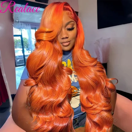 Perucas Peruca de Cabelo Humano Liso Ondulado 36 Polegadas Laranja Gengibre com Lace Frontal Transparente 13×4 ou 13×6 Pré-Arrancada 200% Densidade | Loja dos Cabelos