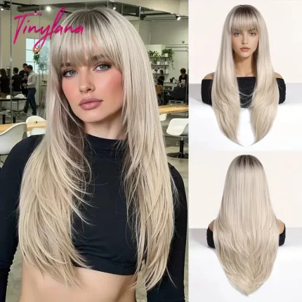Perucas Peruca Sintética Longa Loiro Platinado com Franja Reta em Camadas para Mulheres – Cabelo Natural Resistente ao Calor, Ideal para Cosplay e Festa | Loja dos Cabelos