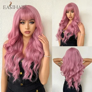 Perucas Peruca Sintética Longa Ondulada Rosa com Franja – Cabelo Cosplay Lolita Resistente ao Calor e à Água para Mulheres e Meninas | Loja dos Cabelos