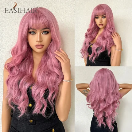 Perucas Peruca Sintética Longa Ondulada Rosa com Franja – Cabelo Cosplay Lolita Resistente ao Calor e à Água para Mulheres e Meninas | Loja dos Cabelos