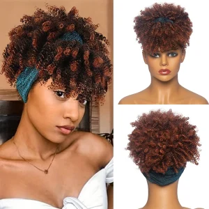 Perucas Peruca Curta Afro Cacheada Sintética com Franja e Bandana Ombre – Natural para Mulheres | Loja dos Cabelos