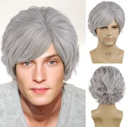 Perucas Peruca Masculina Curta Sintética Cinza Prateada Cacheada com Franja – Estilo Natural para Cosplay e Uso Diário | Loja dos Cabelos
