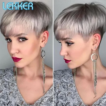 Perucas Peruca Curta Pixie Liso Cinza Prata em Cabelo Humano Remy Brasileiro para Mulheres – Sem Cola, Colorida e Feita à Máquina | Loja dos Cabelos