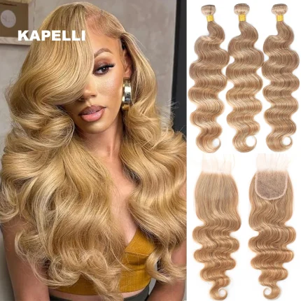 Extensões de cabelo Natural Pacotes de Cabelo Humano Loiro Mel #27 com Fechamento 4×4 Onda do Corpo Cabelo Brasileiro Remy | Loja dos Cabelos