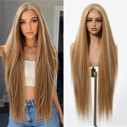 Perucas Peruca Sintética Longa 36″ Loiro Dourado Reta com Lace Frontal Resistente ao Calor | Loja dos Cabelos