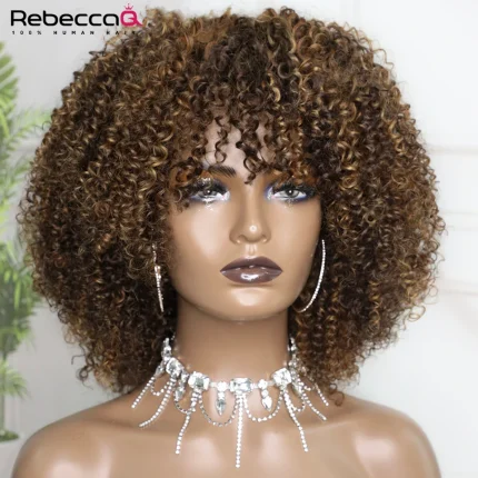 Perucas Peruca Curta Encaracolada Afro Kinky de Cabelo Humano Remy, Franja, 250% de Densidade, Feita à Máquina, Sem Cola | Loja dos Cabelos