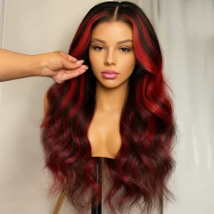 Perucas Peruca de Cabelo Humano Borgonha Ombre com Mechas Loiro, Onda do Corpo, Sem Cola, 5×5, Pré-Arrancada, 200% Densidade para Mulheres | Loja dos Cabelos