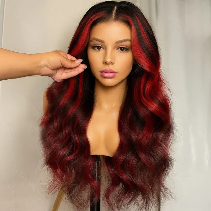 Perucas Peruca de Cabelo Humano Borgonha Ombre com Mechas Loiro, Onda do Corpo, Sem Cola, 5×5, Pré-Arrancada, 200% Densidade para Mulheres | Loja dos Cabelos