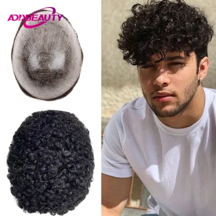 Perucas Peruca Masculina de Cabelo Humano Encaracolado 15mm com Base de Pele Fina, Cor Natural, Nós Discretos | Loja dos Cabelos