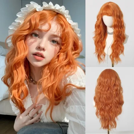 Perucas Peruca Sintética Laranja com Franja e Ondas Naturais, Cabelo Encaracolado Resistente ao Calor para Mulher, Festa e Cosplay | Loja dos Cabelos