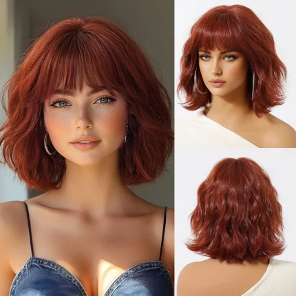 Perucas Peruca Sintética Curta Ondulada com Franja Vermelho Acobreado e Marrom, Cabelo Encaracolado Resistente ao Calor para Festa e Cosplay | Loja dos Cabelos