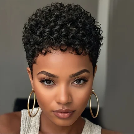 Perucas Peruca Curta Pixie Kinky Encaracolada de Cabelo Humano Brasileiro Natural Preta para Mulheres, Sem Cola | Loja dos Cabelos