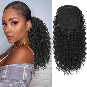 Rabo de Cavalo Rabo de Cavalo Kinky Encaracolado de Cabelo Humano 100% – Onda Profunda com Cordão, 16 Polegadas, Clip Preto #1B | Loja dos Cabelos