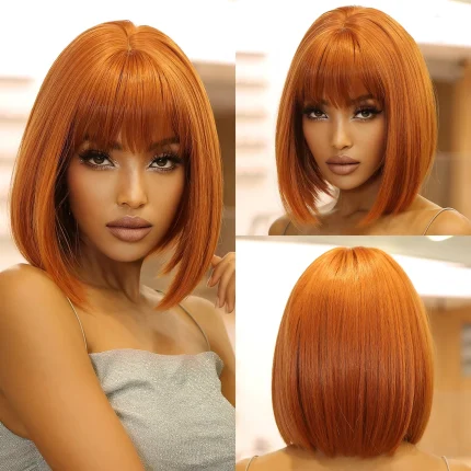 Perucas Peruca Sintética Curta Reta Castanho Acobreado estilo Bob com Franja – Cabelo Natural Resistente ao Calor para Mulheres, Uso Diário e Cosplay | Loja dos Cabelos