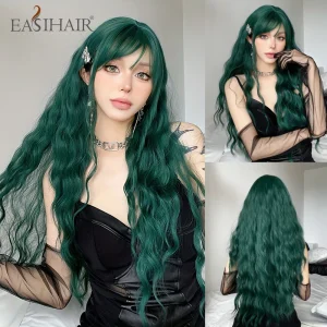 Perucas Peruca Sintética Longa Ondulada com Franja Verde Escuro, Cabelo Resistente ao Calor para Mulher, Cosplay e Halloween | Loja dos Cabelos