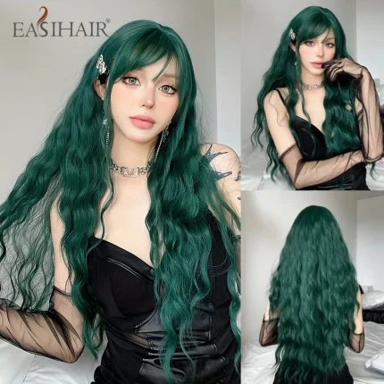 Perucas Peruca Sintética Longa Ondulada com Franja Verde Escuro, Cabelo Resistente ao Calor para Mulher, Cosplay e Halloween | Loja dos Cabelos