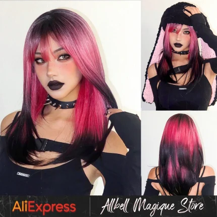 Perucas Peruca Sintética Longa Reta com Franja Allbell Rosa e Preta Ombre em Camadas para Festa e Cosplay Feminino | Loja dos Cabelos