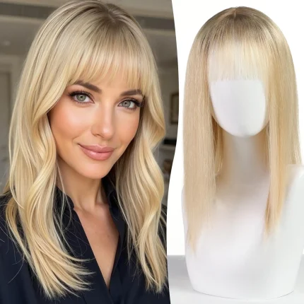 Perucas Topper de Cabelo Humano Loiro Claro Ombré 16″ Remy com 5 Clipe e Base de Seda 9×9″ com Franja para Mulheres | Loja dos Cabelos