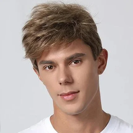 Perucas Peruca Masculina Sintética Curta Cacheada 10 Polegadas Castanho Claro com Franja e Camadas – Resistente ao Calor | Loja dos Cabelos