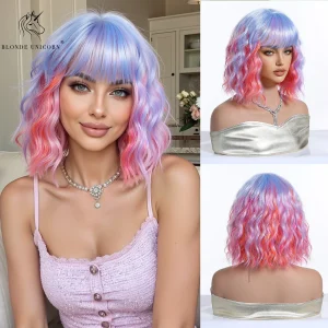 Perucas Peruca Sintética Curta Bob Colorida Azul Rosa Roxo com Franja Resistente ao Calor para Mulheres Cosplay | Loja dos Cabelos