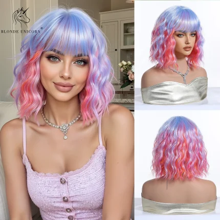 Perucas Peruca Sintética Curta Bob Colorida Azul Rosa Roxo com Franja Resistente ao Calor para Mulheres Cosplay | Loja dos Cabelos