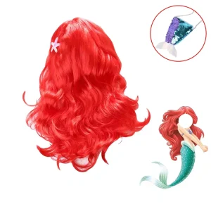 Perucas Peruca Infantil Ariel Pequena Sereia Vermelha Ondulada com Bolsa de Cauda para Fantasia, Halloween e Cosplay | Loja dos Cabelos