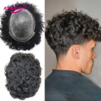 Perucas Prótese Capilar Masculina de Cabelo Humano Indiano Remy Encaracolado com Base de Pele Fina PU | Loja dos Cabelos